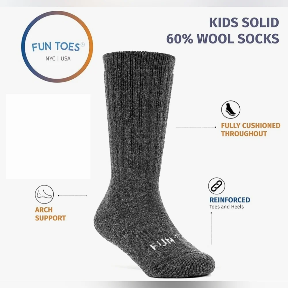 Nwt 3 Pair Merino Wool Fun Toes Kids Socks Cushioned Skiing Winter Snow Hiking